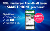 Die Grafik bewirbt das Hamburger Abendblatt Digital-Paket inklusive E-Paper und gratis Samsung Galaxy A36 für 39,99 Euro monatlich auf blauem Hintergrund.