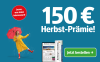 Frau mit rotem Regenschirm im Regen tanzend. Text: '150 Euro Herbst Prämie! 12 Monate gedruckt und digital lesen. Lesen, was lokal interessiert!