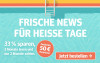 Bunte Werbegrafik mit Wasseroberfläche, Poolleiter und Abo-Angebot. Text: 'FRISCHE NEWS FÜR HEISSE TAGE'. Angebot: 'Jetzt bestellen'.